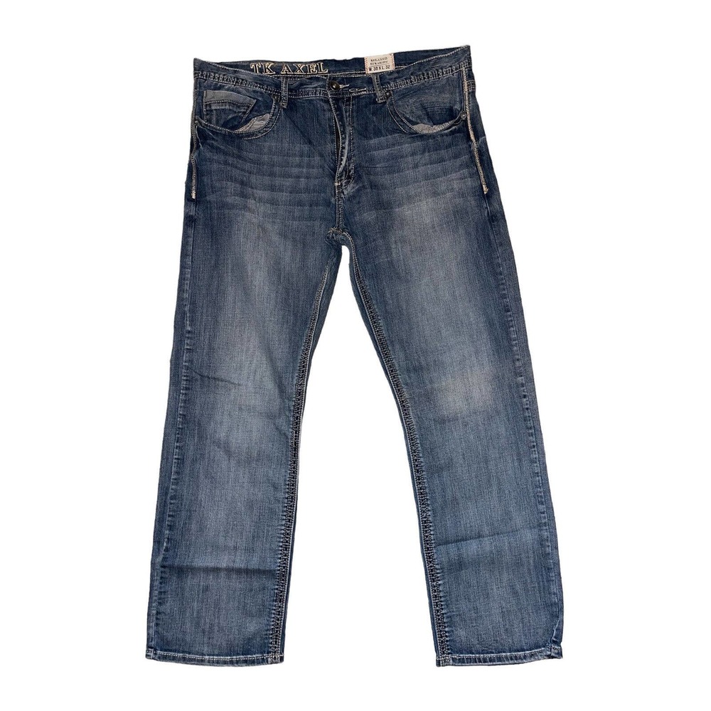 TK Axel Jeans Relaxed Straight Mens Size 38 X 32 Distressed Medium Wash Denim